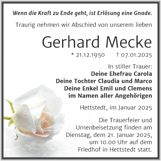 Traueranzeige von Gerhard Mecke von Trauerkombi Mansfelder Land