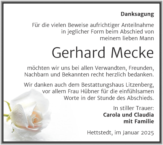 Traueranzeige von Gerhard Mecke von Trauerkombi Mansfelder Land