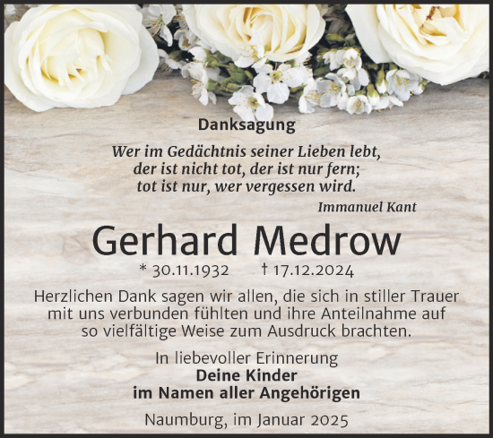 Traueranzeige von Gerhard Medrow von Super Sonntag Naumburg/Nebra