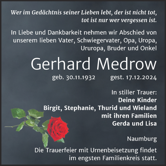 Traueranzeige von Gerhard Medrow von Super Sonntag Naumburg/Nebra