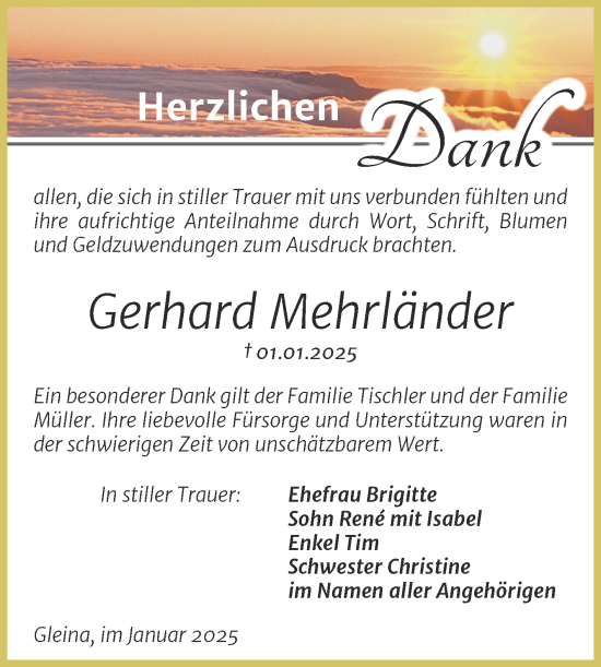 Traueranzeige von Gerhard Mehrländer von Trauerkombi Zeitz