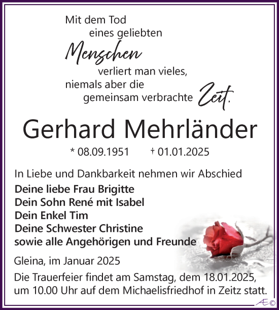 Traueranzeige von Gerhard Mehrländer von Trauerkombi Zeitz