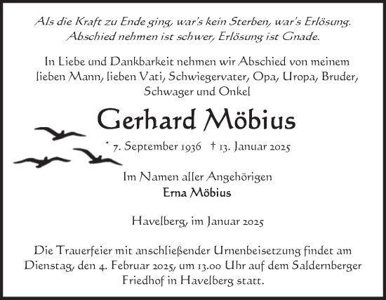 Traueranzeige von Gerhard Möbius von Volksstimme Altmark Ost