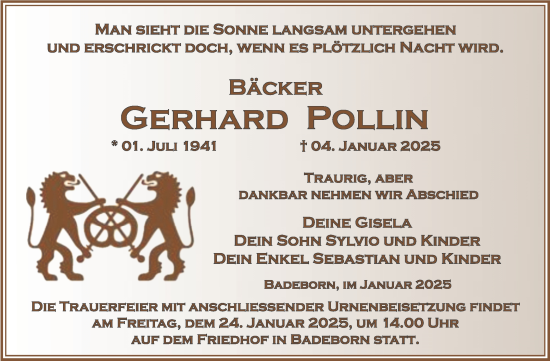Traueranzeige von Gerhard Pollin von Trauerkombi Quedlinburg