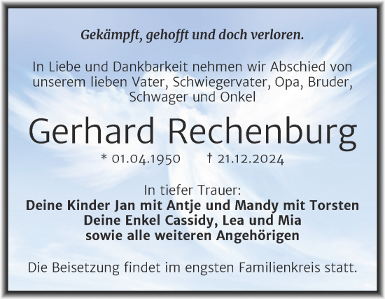 Traueranzeige von Gerhard Rechenburg von Trauerkombi Mansfelder Land
