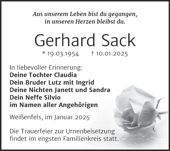 Traueranzeige von Gerhard Sack von Trauerkombi Weißenfels
