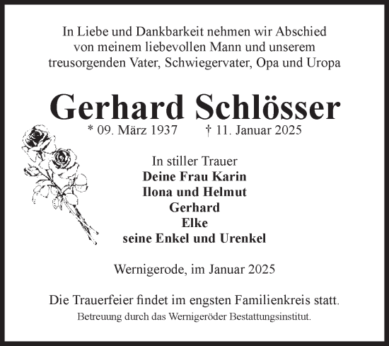 Traueranzeige von Gerhard Schlösser von Volksstimme Wernigerode