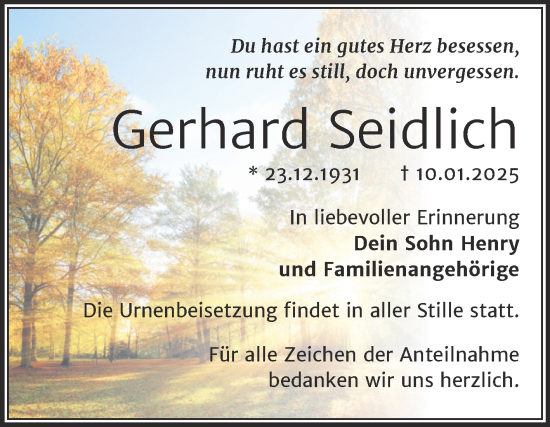 Traueranzeige von Gerhard Seidlich von Mitteldeutsche Zeitung Merseburg/Querfurt