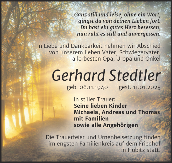 Traueranzeige von Gerhard Stedtler von Trauerkombi Mansfelder Land