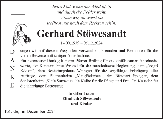 Traueranzeige von Gerhard Stöwesandt von Volksstimme Altmark West