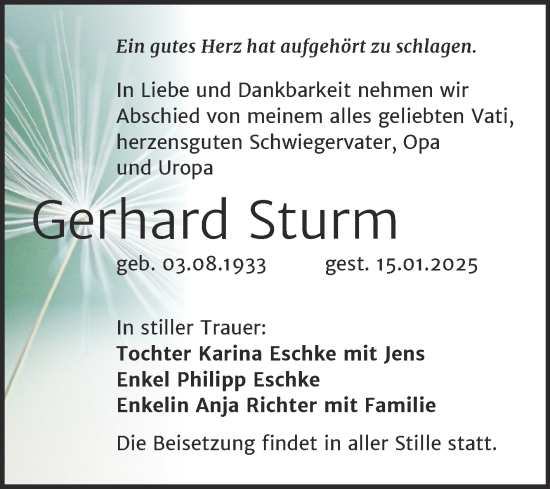 Traueranzeige von Gerhard Sturm von Trauerkombi Bernburg