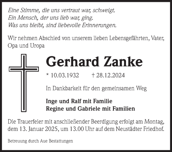 Traueranzeige von Gerhard Zanke von Volksstimme Magdeburg