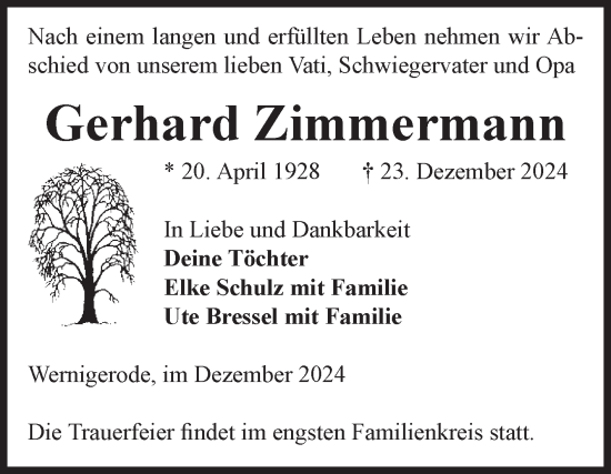 Traueranzeige von Gerhard Zimmermann von Volksstimme Wernigerode