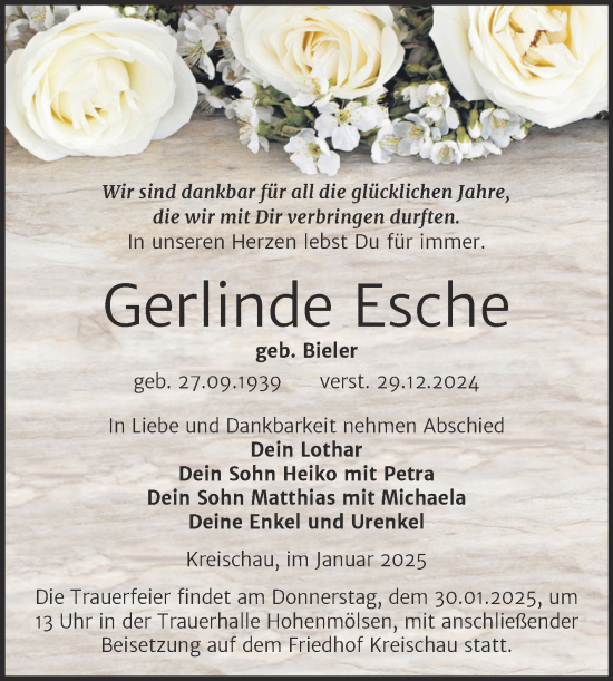 Traueranzeige von Gerlinde Esche von Trauerkombi Weißenfels