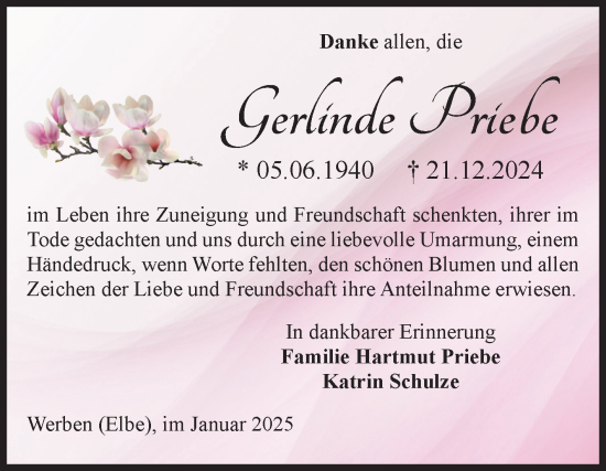 Traueranzeige von Gerlinde Priebe von Volksstimme Altmark Ost