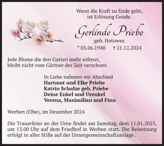Traueranzeige von Gerlinde Priebe von Volksstimme Altmark Ost