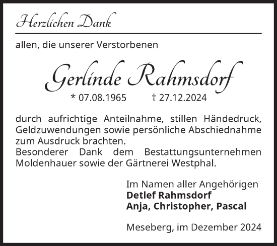 Traueranzeige von Gerlinde Rahmsdorf von Volksstimme Altmark Ost