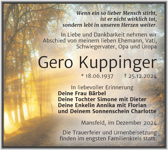 Traueranzeige von Gero Kuppinger von Trauerkombi Mansfelder Land