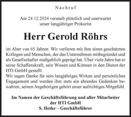 Traueranzeige von Gerold Röhrs  von Volksstimme Altmark Ost