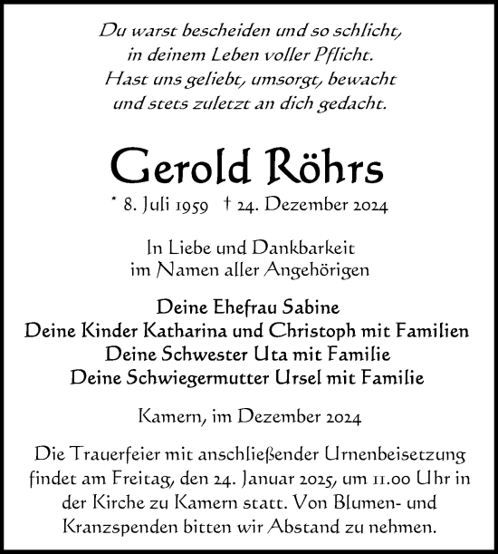 Traueranzeige von Gerold Röhrs  von Volksstimme Altmark Ost