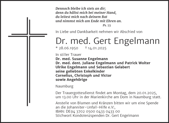 Traueranzeige von Gert Engelmann von Naumburger Tageblatt