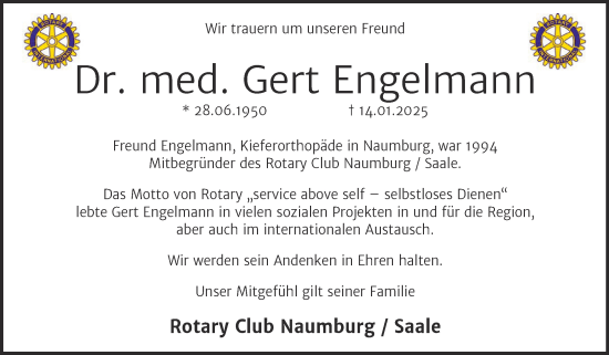Traueranzeige von Gert Engelmann von Naumburger Tageblatt