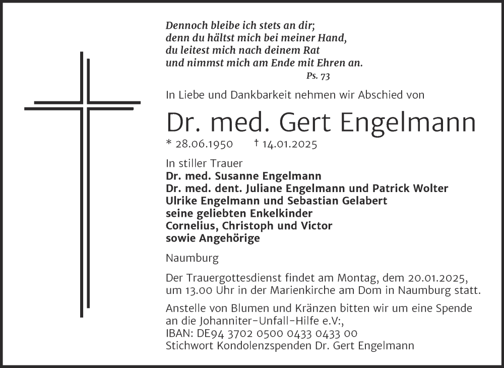  Traueranzeige für Gert Engelmann vom 17.01.2025 aus Naumburger Tageblatt