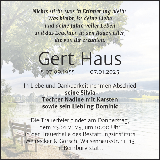 Traueranzeige von Gert Haus von Trauerkombi Bernburg