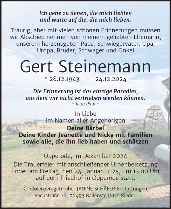 Traueranzeige von Gert Steinemann von Trauerkombi Quedlinburg