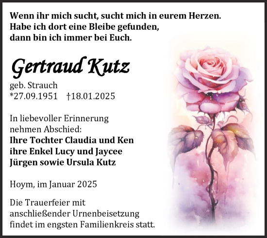 Traueranzeige von Gertraud Kutz von Trauerkombi Aschersleben