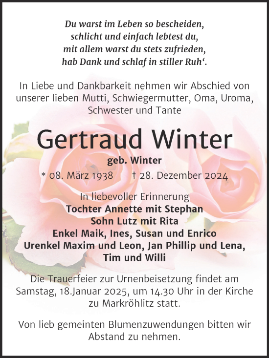 Traueranzeige von Gertraud Winter von Trauerkombi Weißenfels
