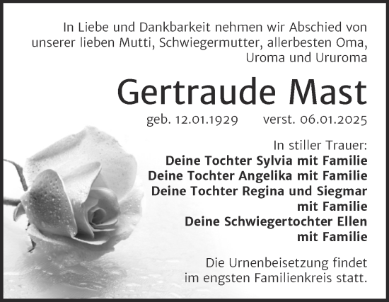 Traueranzeige von Gertraude Mast von Trauerkombi Weißenfels