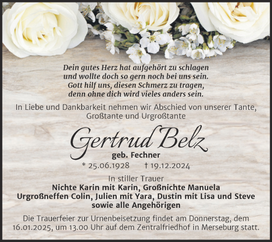 Traueranzeige von Gertrud Belz von Trauerkombi Merseburg