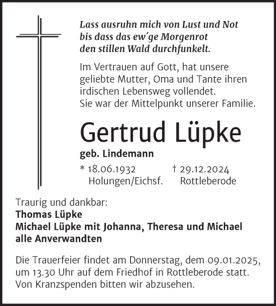 Traueranzeige von Gertrud Lüpke von Mitteldeutsche Zeitung Sangerhausen