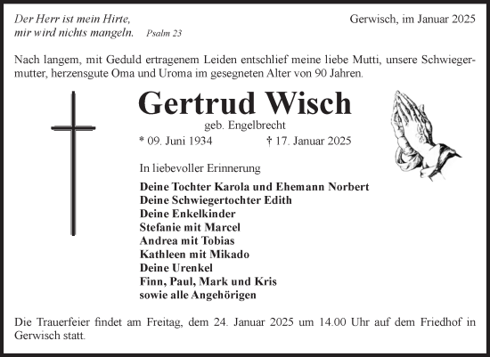 Traueranzeige von Gertrud Wisch von Volksstimme Burg/Genthin