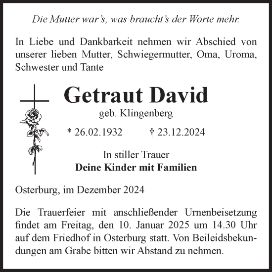 Traueranzeige von Getraut David von Volksstimme Altmark Ost