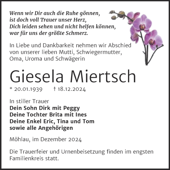 Traueranzeige von Giesela Miertsch von Trauerkombi Wittenberg