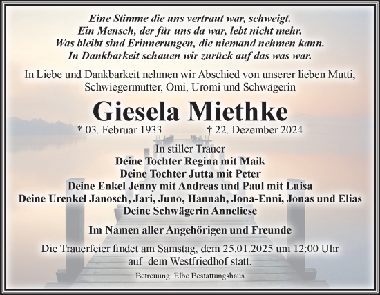 Traueranzeige von Giesela Miethke von Volksstimme Magdeburg