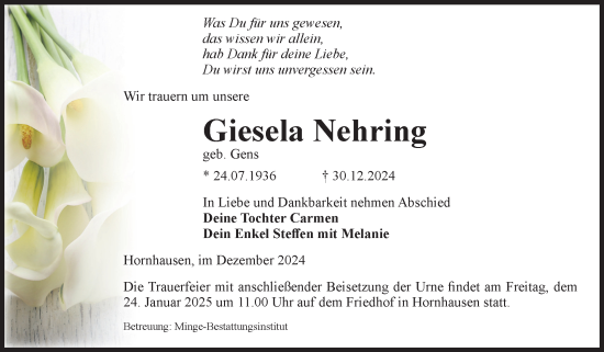 Traueranzeige von Giesela Nehring von Volksstimme Oschersleben/Wanzleben