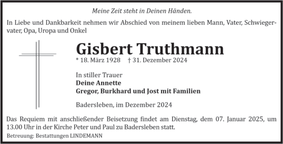 Traueranzeige von Gisbert Truthmann von Volksstimme Halberstadt
