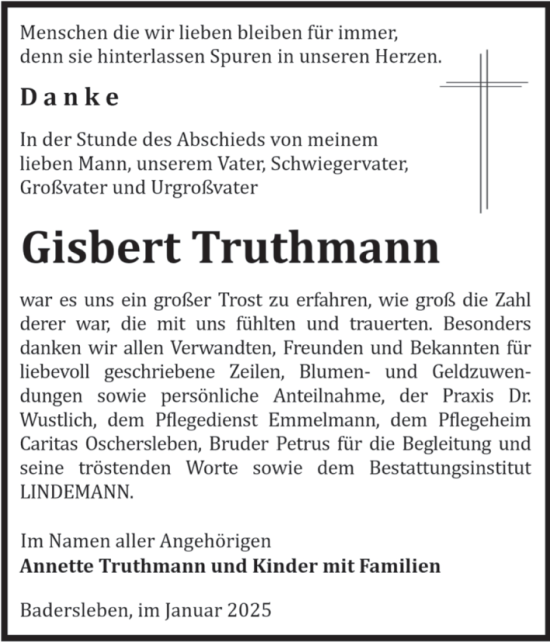 Traueranzeige von Gisbert Truthmann von Volksstimme Halberstadt