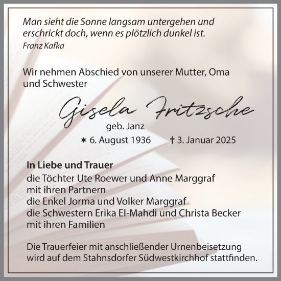 Traueranzeige von Gisela Fritzsche von Mitteldeutsche Zeitung Halle/Saalkreis