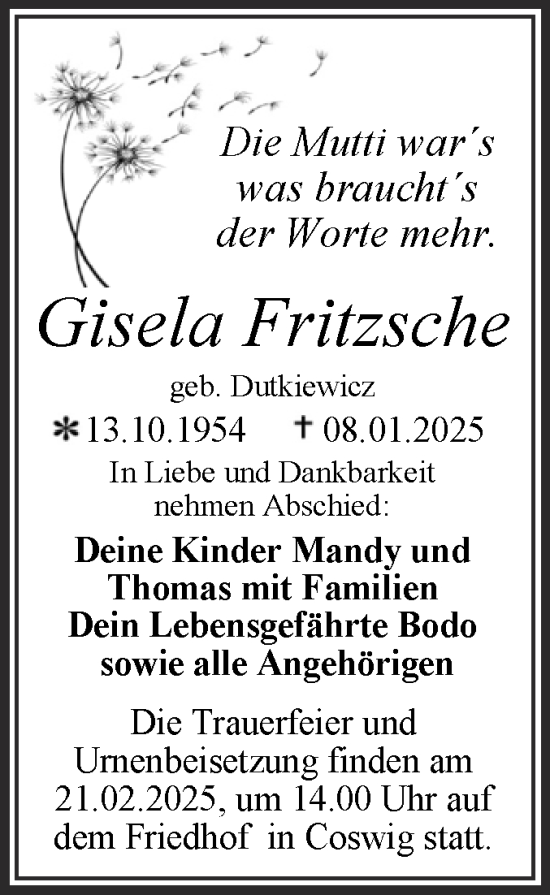 Traueranzeige von Gisela Fritzsche von Trauerkombi Wittenberg