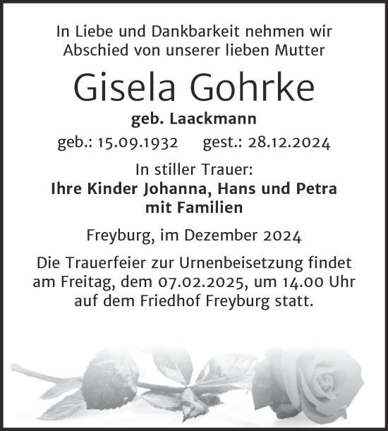Traueranzeige von Gisela Gohrke von Naumburger Tageblatt