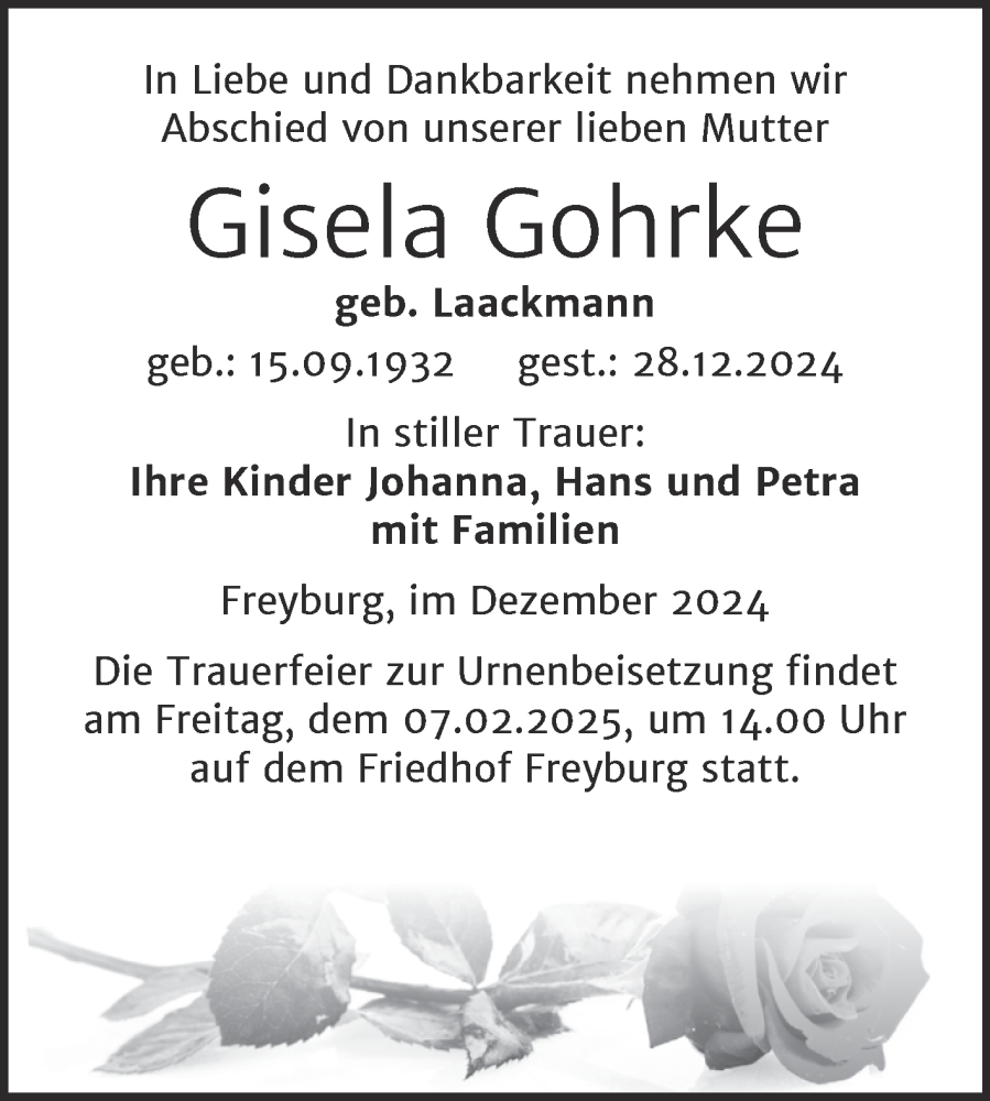  Traueranzeige für Gisela Gohrke vom 11.01.2025 aus Naumburger Tageblatt