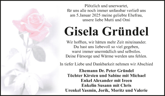 Traueranzeige von Gisela Gründel von Trauerkombi Dessau