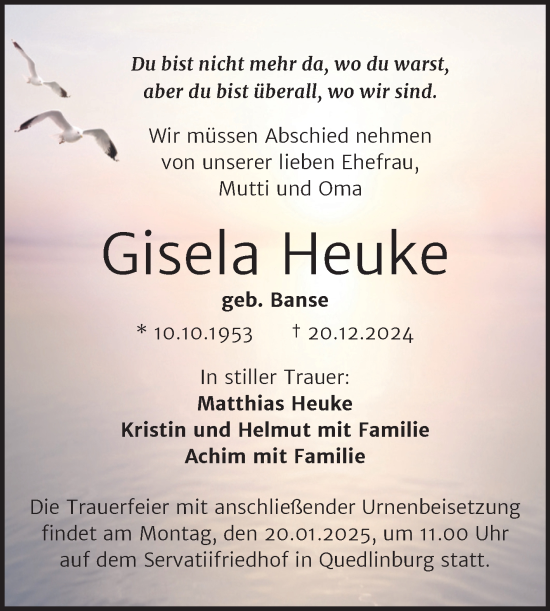 Traueranzeige von Gisela Heuke von Trauerkombi Quedlinburg
