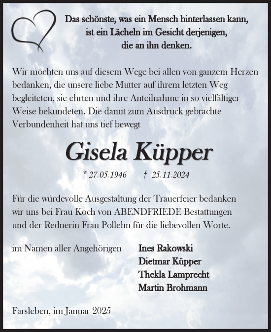 Traueranzeige von Gisela Küpper von Volksstimme Haldensleben/Wolmirstedt