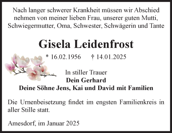 Traueranzeige von Gisela Leidenfrost von Volksstimme Staßfurt
