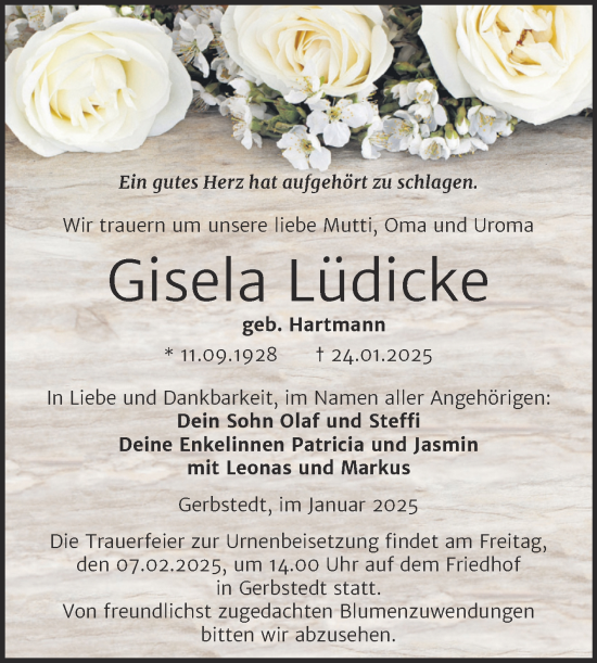 Traueranzeige von Gisela Lüdicke von Trauerkombi Mansfelder Land